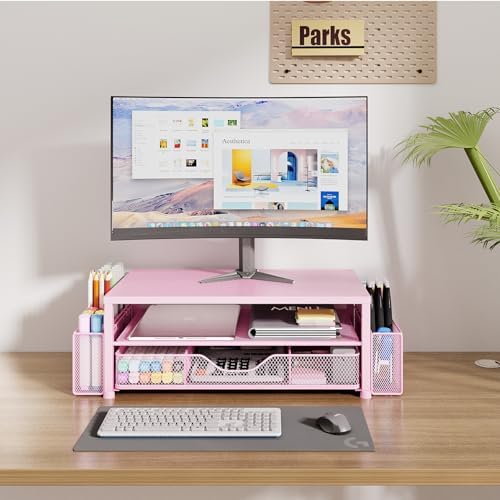 OPNICE Desk Organizer and Accessories, 2-Tier Computer Monitor Stand Riser with Drawer and 2 Pen Holders, Laptop Stand, Office Desk Accessories for Office Supplies, Pink - Image 2