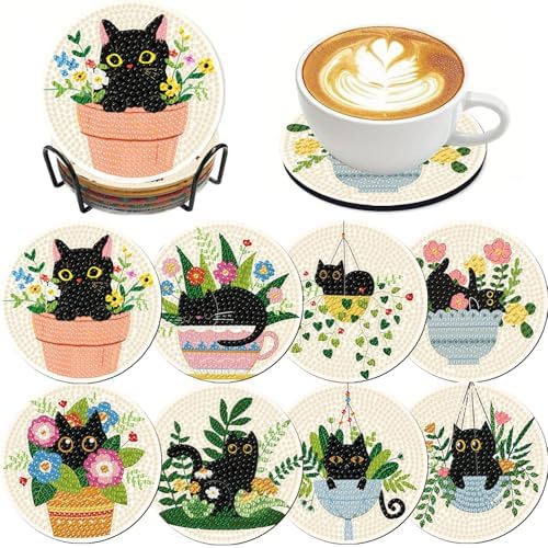 Clendo 8 Pcs Black Cat Diamond Art Coasters Kit - DIY 5D Small Diamond Painting Coasters with Holder, Flowers Diamond Art Kits for Adults Coasters, Arts and Crafts for Adults by Clendo