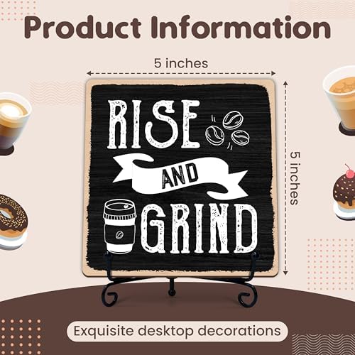 Coffee Bar Sign, Rise and Grind Farmhouse Tabletop Decor, Coffee and Tea Lover Gifts, 5x5 Wood Plaque with Iron Stand for Home Kitchen Cafe, Coffee Bar Decor – A01 - Image 2
