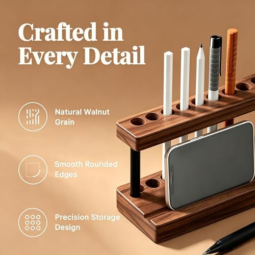 Pencil & Pen Holder for Desk, Solid Walnut Pen Display Stand with 9 Slots and Cell Phone Holder, Aesthetic Pen Organizer for Minimalist Office Desk Decor - Image 5
