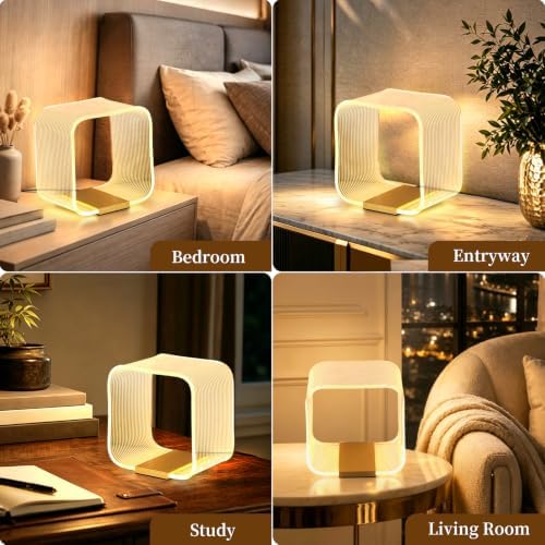 LED Small Table Lamp, Modern Minimalist Square Hollow Acrylic Nightstand Lamp, Warm Plug-in Desk Lamp for Bedroom Living Room Home Decor - Image 4