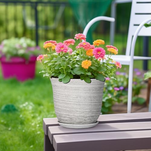 Ceramic Plant Pots - 8 Inch Plant Pot with Drainage Hole and Saucer, Round Flower Pots for Indoor Outdoor, Modern Planter, Decorative Planters, Home Apartment Decor, Gardening Gifts, Grey - Image 4