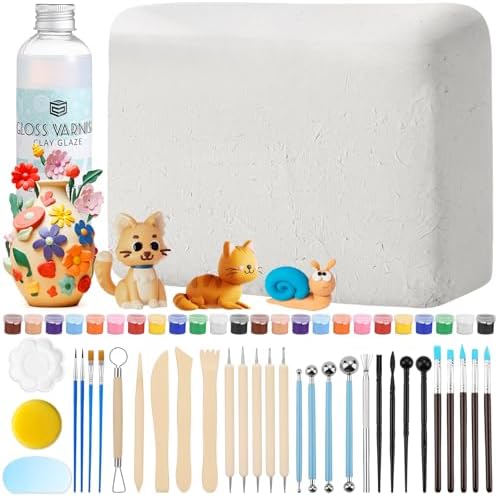 Natural Air-Dry Clay, 8 LBs Pottery Clay with 100ML Glaze Gloss Clay Varnish Protects and 27 PCS Pottery Tools Sculpting Tool Set, Air-Dry Clay Kit for Adults Beginner DIY Craft Gift by Jollidecor
