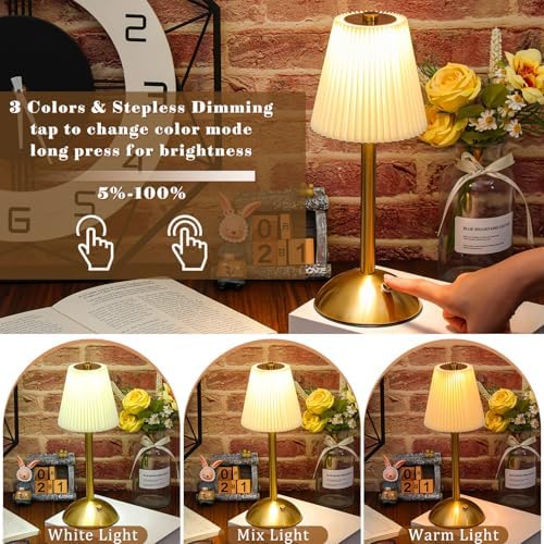 Liliful 6 Pcs Cordless Table Lamp LED Touch, Gold, Beige Cloth Style - Image 4