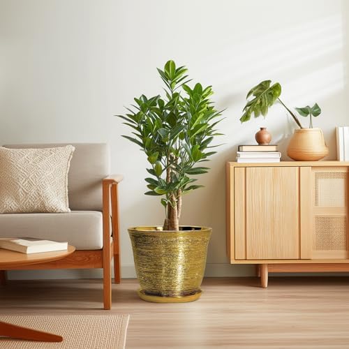 Ceramic Pots for Plants - 12 Inch Planter for Indoor Outdoor, Round Plant Pot with Drainage Hole and Saucer, Decorative Large Planter, Modern Flower Pots, House Decor, Garden Gifts, Gold - Image 7