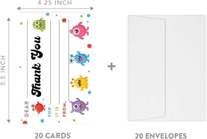 Andaz Press Kids Fill in the Blank Thank You Cards - 20 Cards Including Envelopes Silly Creatures Fun Gender Neutral Note Cards For Boys Girls Birthday Thank You Notes for Friends Family Party Guests