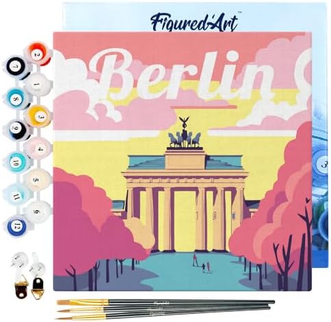 Figured'Art Mini Paint by Numbers Kit for Adults with Frame Travel Poster Berlin Small Format 8"x8" - Craft Art Painting DIY Canvas Already Stretched on a Wooden Frame by FiguredArt