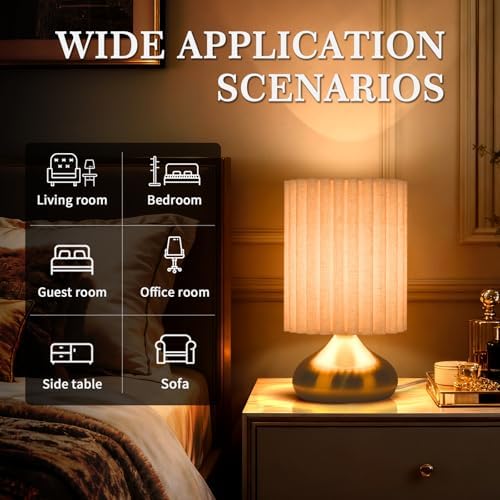 Ziqqeelam Gold Small Table Lamp with Scalloped Linen Shade, Mini Brass Gold Table Lamp for Bedroom Nightstand, Cute Desk Night Light for Living Room, Bookshelf, Kitchen Counter, Kids Room, Office - Image 3