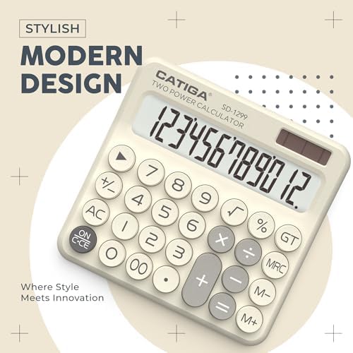 CATIGA Mechanical Switch Calculator with Solar and Battery Dual Power, 12-Digit Large LCD Display, Aesthetic and Cute Desktop Calculator with Big Button, for Home, School and Office Use, SD-1299 - Image 7