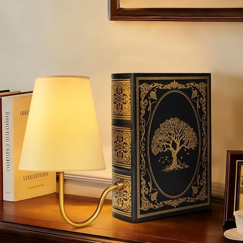 AELS Vintage Bookshelf Lamp with Bulb, Cordless Rechargeable Touch Dimmable Table Lamp with Linen Shade, Modern Bookend Lamp for Bedroom, Office & Bookshelf Decor, Tree of Life Black & Gold by AELS