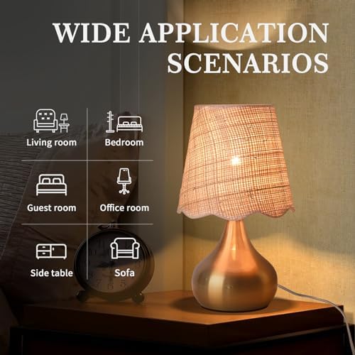 Ziqqeelam Gold Small Bedside Table Lamp Touche Control 3-Way Dimmable Brass Mini Table Lamps for Nightstand, Rattan Shade Small Table Lamps for Small Spaces for Kitchen Counter, Bookshelf, Bedroom - Image 3