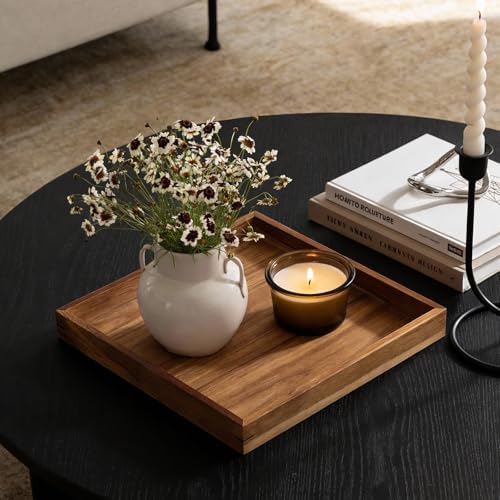 Acacia Wood Serving Tray,13"*13" Square Ottoman, Coffee Table Tray, Farmhouse Decorative Tray for Living Room, Kitchen, Bedroom - Image 4