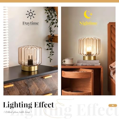 Mid Century Table lamp of 2 Small Table Lamps with Touch Switch Amber Glass Table lamp Gold Desk lamp Modern nightstand lamp Bedside Table Lamps for Bedroom Living Room Office - Image 2