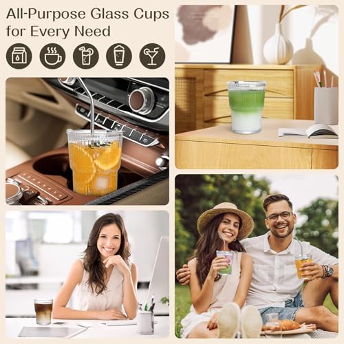 13oz Iced Coffee Cups,4Pcs Glass Cups with Lids and Straws Drinking Glasses,Clear Ribbed Glassware,Reusable Tumbler Glass to Go Cup for Matcha, Iced Tea,Juice - Image 7