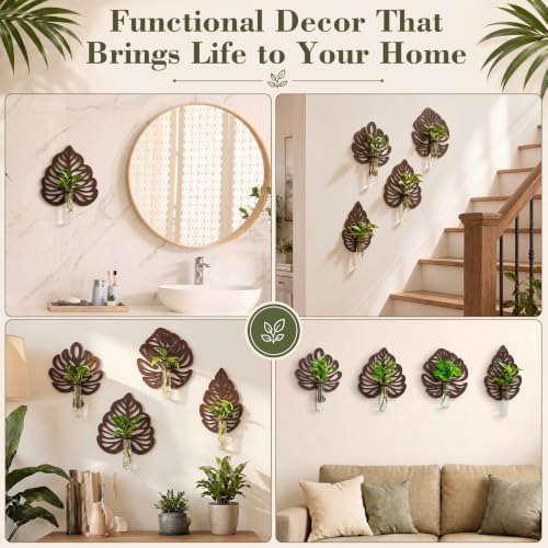 Junkin 4 Sets Wooden Monstera Leaf Wall Mount, Leaf Shaped Hanging Wall Planter Terrarium Propagation Stations for Plants with 4 Glass Tubes for Indoor Cuttings, Vines Houseplant Home Office Decor - Image 4