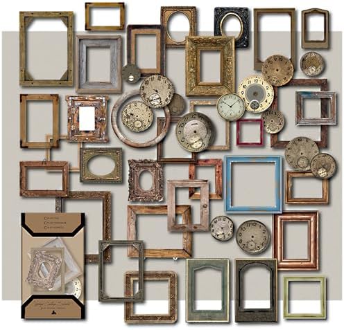 CATaireen Vintage Junk Journal Items Kit Pre Cut Paper Cards Cutout Cardstock Art Aesthetic Decor Hollow Out Craft Elements Small Embellishments Supplies for Adults Scrapbook Pack (Photo Frame Dark) by CATaireenforScrapbooking
