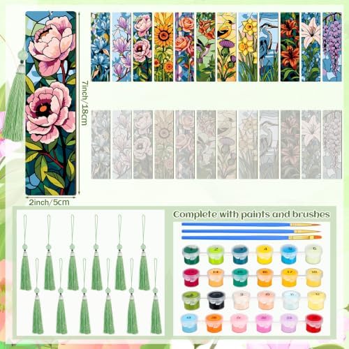 Kosiz 12 Pcs Glass Flowers Paint by Number Kit for Adult Wood Bookmark - Image 3