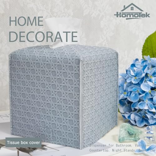 HOMOTEK 1 Pack Tissue Box Cover, Square PU Leather Tissue Holder, Decorative Facial Tissue Cube Paper Organizer Dispenser for Bathroom, Night Stands, Desk, Car 5X5X5'' - Rattan Weave, Light Gray - Image 4