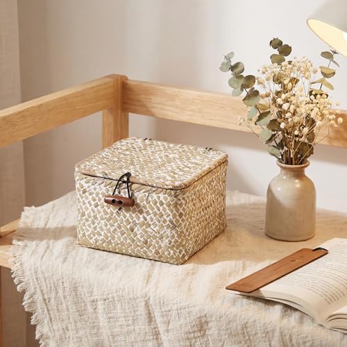 Hipiwe Handwoen Seagrass Basket with Lid Mini Woven Wicker Box,3.5"x3.5"x2" - Image 2