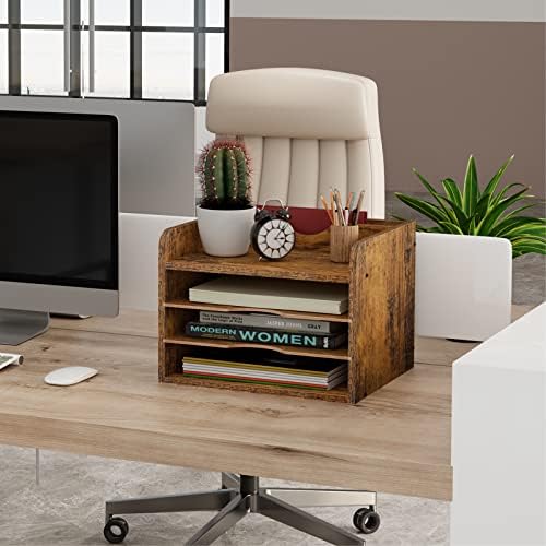 Snughome Vintage Wood File Organizer Desktop, 13.4’’ Document Letter Mail Tray Sorter with 3 Adjustable Shelves, Wooden Desktop Paper File Sorter Holder (Rustic Brown, 13.78’’L x 11.81’’W x 11.02’’H) - Image 2