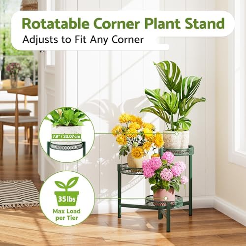 Plant Stand Indoor Outdoor, 3 Tier Corner Metal Flower Display Holder Shelf, Folding Tall Plant Rack for House Patio Balcony Porch Garden Living Room, Heavy Duty Anti-Rust Wrought Iron - GreenFlower - Image 2
