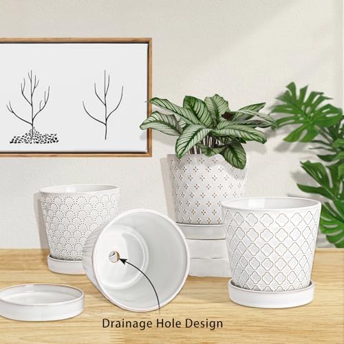 EFISPSS Ceramic Plant Pots Indoor, 5 Inch Planters with Drainage Holes and Ceramic Tray, Relief Design Flower Planter, Desktop Office Windowsill Decoration Gift Set of 4, White - Image 4