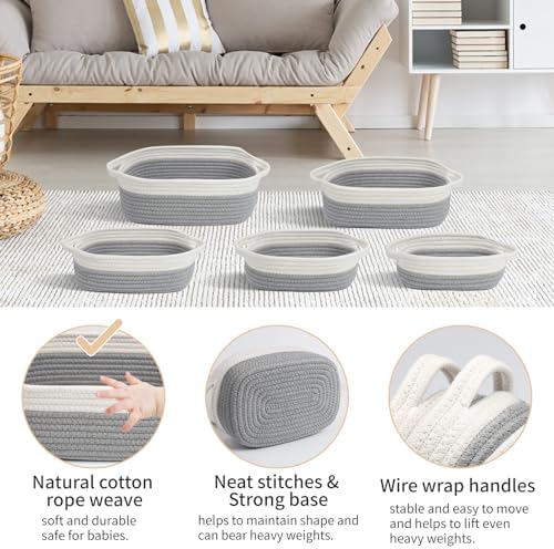 VOOWO Set of 5 Woven Baskets - Rope Storage Solutions, Nursery & Organizing, Off White & Gray - Image 3