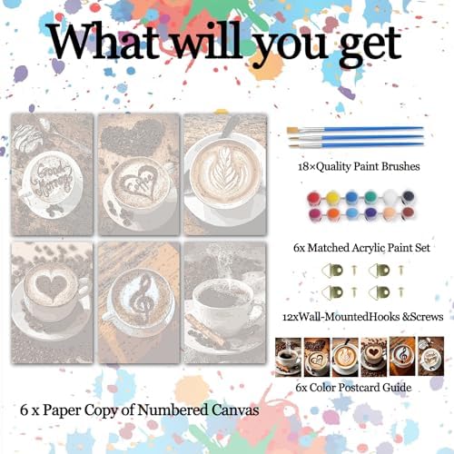 Coffee Latte 6 Pcs Adults Paint By Numbers Kits Brown Tone Coffee Art for Beginners DIY Acrylic Oil Number Painting Kits for Adults Paint by Acrylic on Canvas for Latte Lover 8x12 Inch Frameless - Image 2