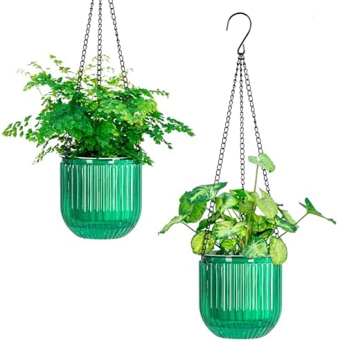 Melphoe 2 Pack Self Watering Hanging Planters Indoor Flower Pots, 5.3 Inch Outdoor Hanging Basket, Plant Hanger with 3Hooks Drainage Holes for Garden Home (Emerald) by Melphoe