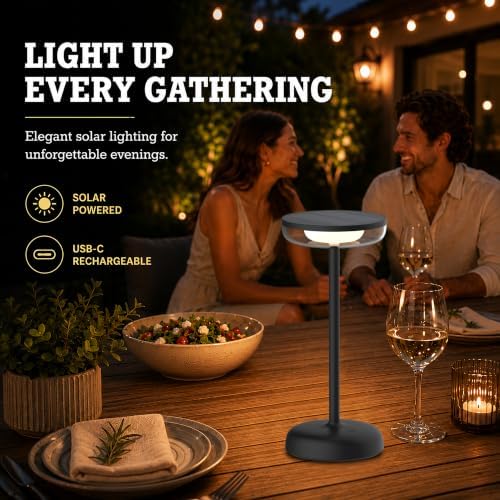 Cocktail Style Solar Table Lamp, USB-C, Dimmable, Black, 1pk - Image 3