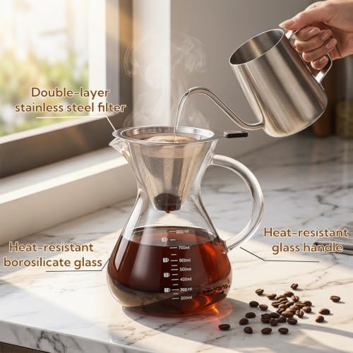 Pour Over Coffee Maker Set with Reusable Stainless Filter 27 fl oz, Heat-Resistant Borosilicate Glass Paperless Pour Over Coffee Dripper with coaster for Home Daily coffee - Image 3