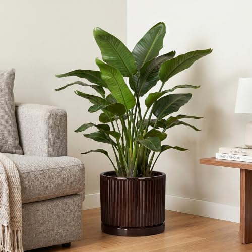 10 Inch Ceramic Plant Pots, Round Flower Pots with Saucer, Brown - Image 4