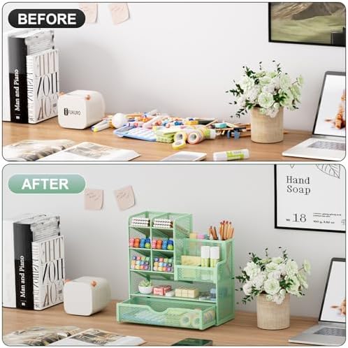Marbrasse Mesh Pen Holder for Desk, Multi-Functional Pencil Organizer with Drawer, Desk Organizers and Accessories for Office Art Supplies (Green) - Image 3
