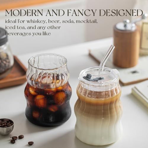 KEMORELA 4PCS Ribbed Glass Cups with Lids & Straws – 18oz Vintage Wavy Coffee Cups, Bubble Glass Aesthetic for Iced Coffee, Clear Ribbed Glasses with Straws, Ideal Drinkware Set - Image 4