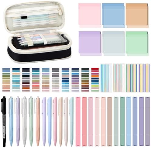 135 Pcs Book Annotation Kit with Pencil Case, 12 Pastel Highlighters, 11 Gel Pens, Fine Marker, 300 Transparent Sticky Notes, 2640 Index Tabs, Bible Study Supplies Kit(Classic,Black) by Trandraft