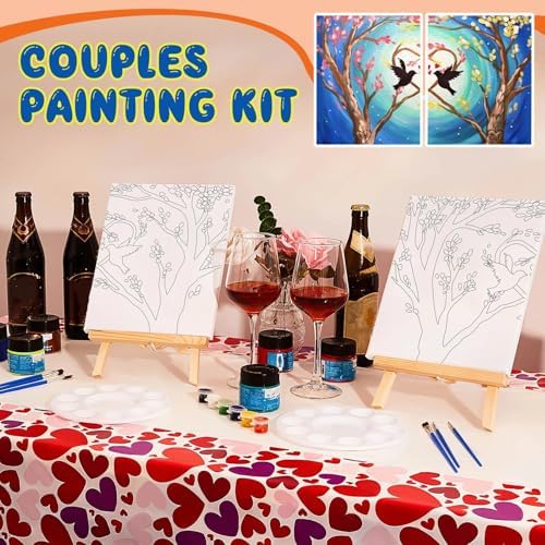 Yeaqee 13 Pcs Sip and Paint Kit for Adults Stretch Canvas Date Night Valentines Painting Kit Supplies Art Painting Set Outline Design Blank Stretch Canvas for Couple Party(Bird and Tree,10 x 8 Inch) - Image 5