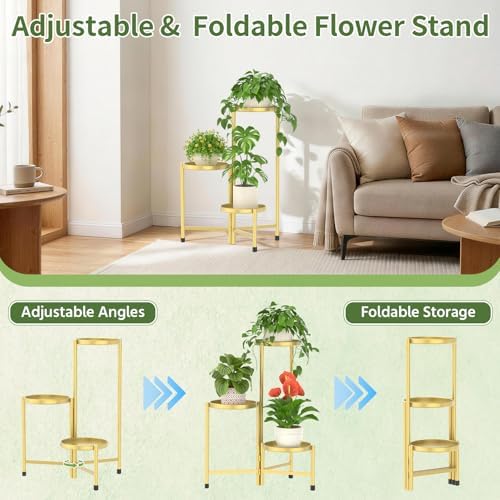 LASZOLA Plant Stand Indoor with 10 Inch Large Metal Tray, 3 Tier Gold - Image 5