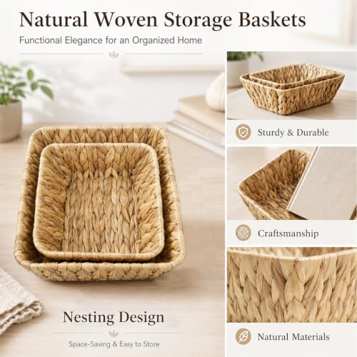 2 Pack Small Wicker Baskets, 2 Size Water Hyacinth Woven Basket Durable Rustic Hand Woven Decorative Baskets for Living Room, Kitchen, Bedroom, Shelf, Home Decor - Image 4