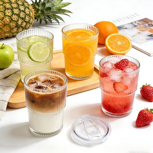 6 Pack 13oz Ripple Drinking Glasses with Lids, Iced Coffee Cup Set - Image 5