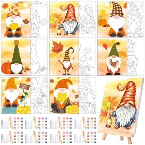 Humyoun 8 Sets 8" x 10" Fall Gnome Pre Drawn Canvas to Paint for Sip and Paint Party Thanksgiving Predrawn Coloring Set Pre Sketched Canvas Boards with Paints and Brushes for Adult by Humyoun