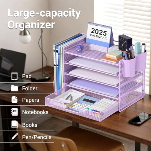 OPNICE Desk Organizer, 5-Tier Desktop File Organizer with Drawer and Pen Holders, Office Desk Accessories, File Sorters, Workspace Organizers for Office Supplies(Purple) - Image 6