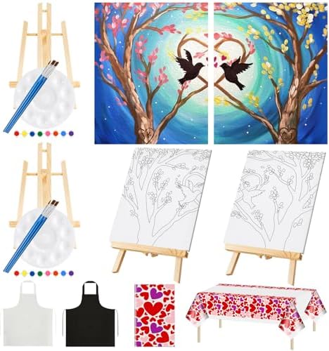 Yeaqee 13 Pcs Sip and Paint Kit for Adults Stretch Canvas Date Night Valentines Painting Kit Supplies Art Painting Set Outline Design Blank Stretch Canvas for Couple Party(Bird and Tree,10 x 8 Inch) by Yeaqee