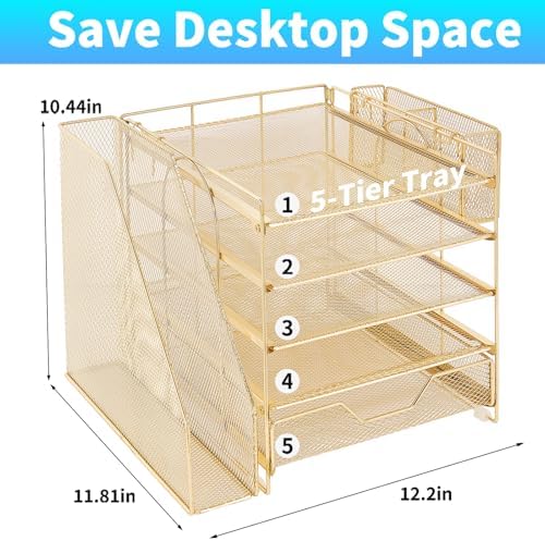 5-Tier Desk File Organizer with Drawer & Pen Holder (Gold) - Image 2