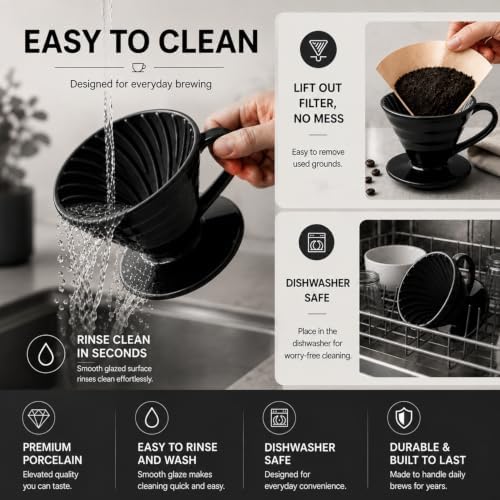 Pour Over Coffee Dripper - Ceramic Pour Over Coffee Maker Cone, Porcelain Coffee Drip, Pour Over Single Cup, Manual Brew Maker for Home, Cafe, Office - 1-4Cup, V60 Size 02 (Black) - Image 4