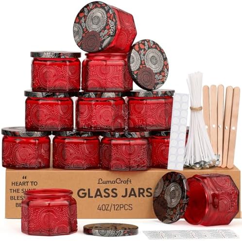 LumaCraft 12 Pack 4oz Glass Candle Jars with Lids, Hexagon Embossed Candle Making Containers, Empty Candle Jars with 20 Wicks & Labels for DIY Candle Making, Party Favors, Home Decor by Unknown