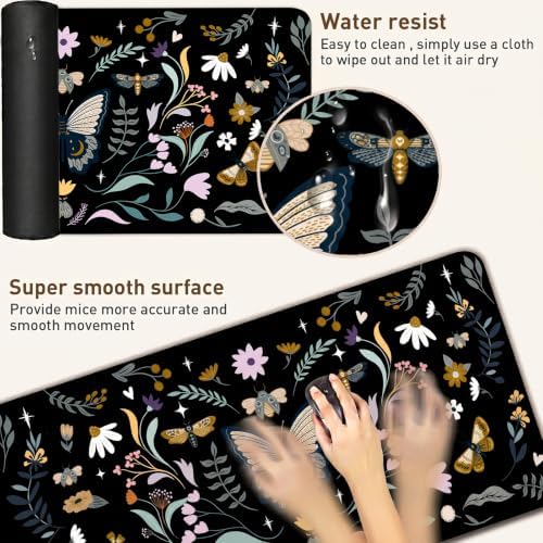 Botanical Insect Desk Mat, Vintage XXL Black Mouse Pad 35.4x15.7in - Image 4