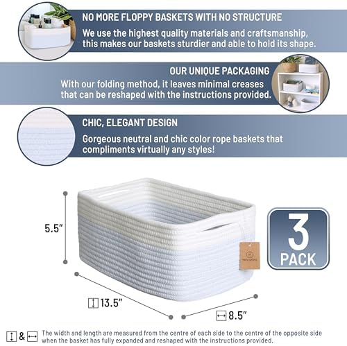 NaturalCozy 13.5”x8.5”x5.5” Rectangle Storage Baskets for Shelves 3 Pack | Cotton Rope Woven Small Baskets for Organizing | Small Storage Bins for Nursery, Bathroom, Closet, Shelf, Decorative - Image 2