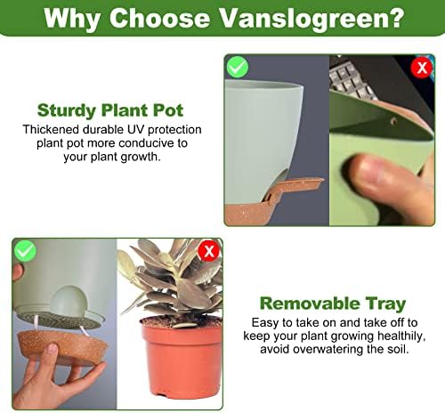 Vanslogreen Planters for Indoor Plants, 8/7/6.5/6/5.5/5 Inch Self Watering Planters with Drainage Hole, Plastic Planters Flower Pots for Indoor Outdoor Plants (Green) - Image 3