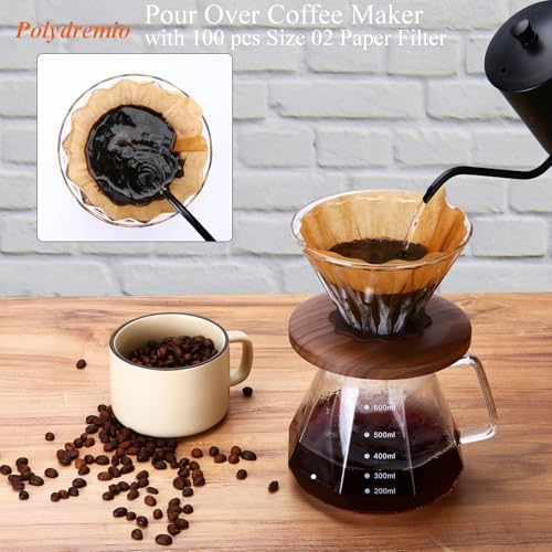 Pour Over Coffee Maker, 20 oz Borosilicate Glass Carafe with 100 pcs Size 02 Paper Filter, Walnut Handle & Glass Lid, 600 ml, Clear - Image 2
