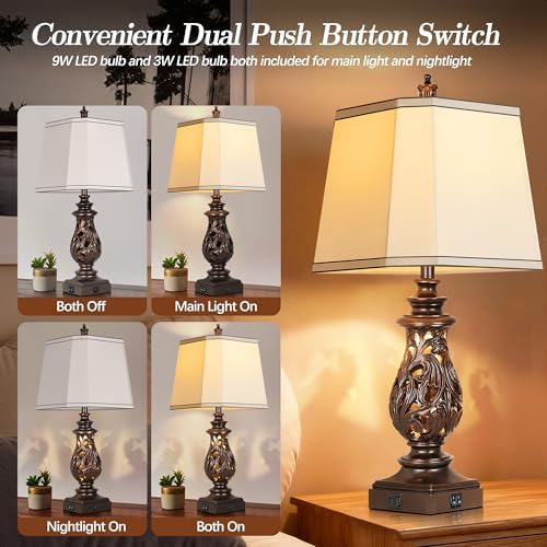PARTPHONER 29" Table Lamps Set of 2, Bedside Lamps with USB A+C Ports & Night Light, Farmhouse Nightstand Lamps with Faux Silk Shades for Bedroom Living Room, Vintage Brown (LED Bulbs Included) - Image 3